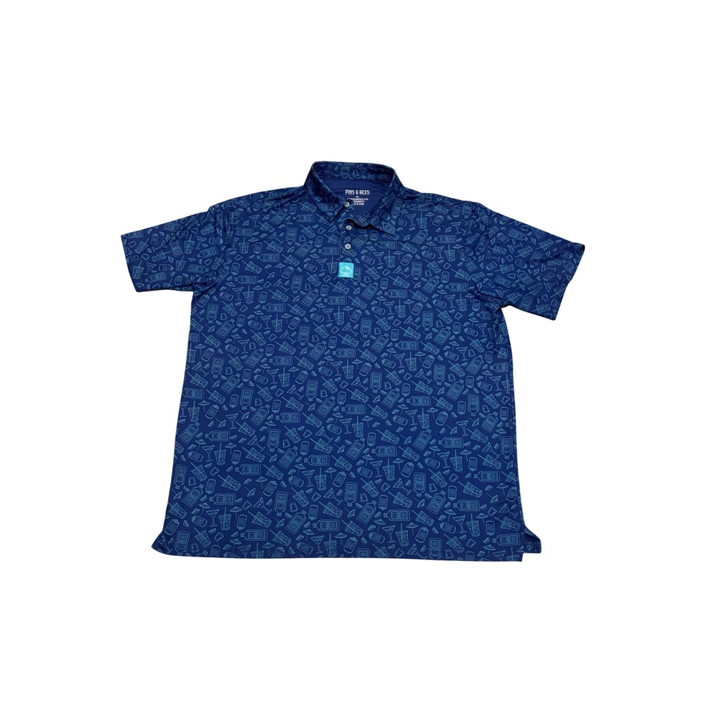 Pins & Aces Mens XXL Royal Blue Cocktail Print Golf Happy Hour Polo
